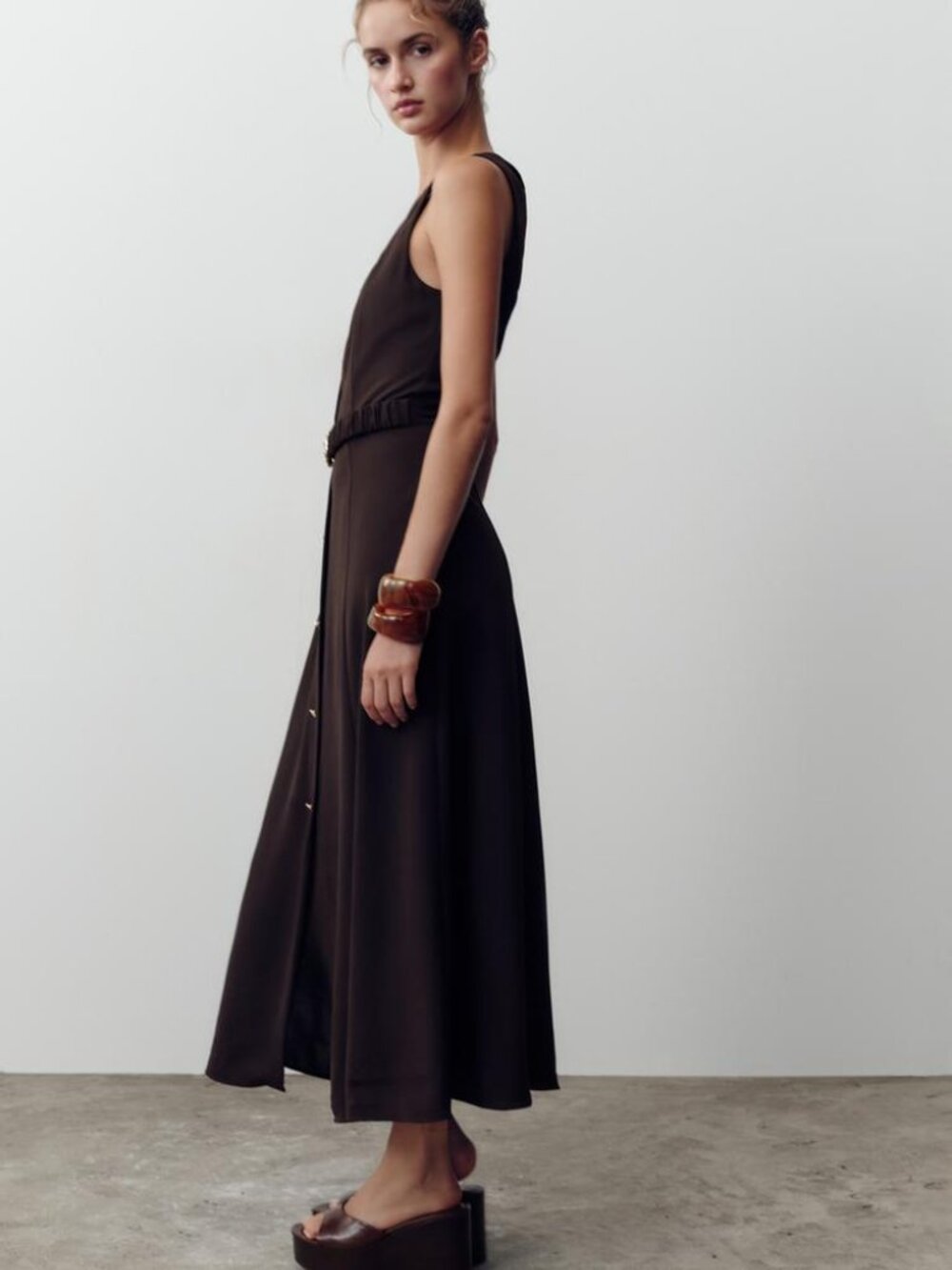 Zara Belted Midi Dress Brown Sleeveless Square Neck Gold Buckle Small NWT Summer - Picture 3 of 9